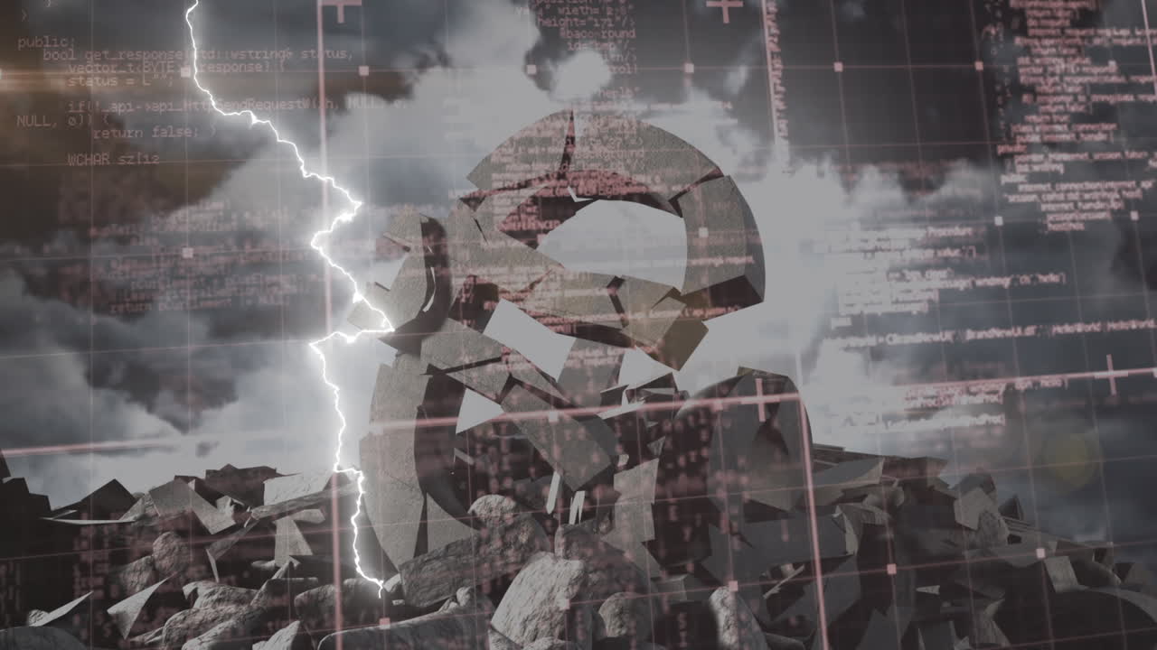 composición digital del procesamiento de datos sobre el símbolo del euro roto contra la tormenta eléctrica en el cielo nocturno
