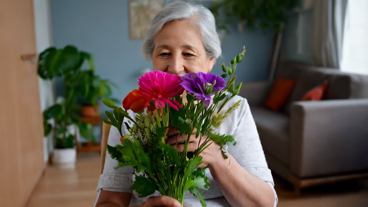 Senior Woman Appreciating a Colorful Flower Bouquet at Home