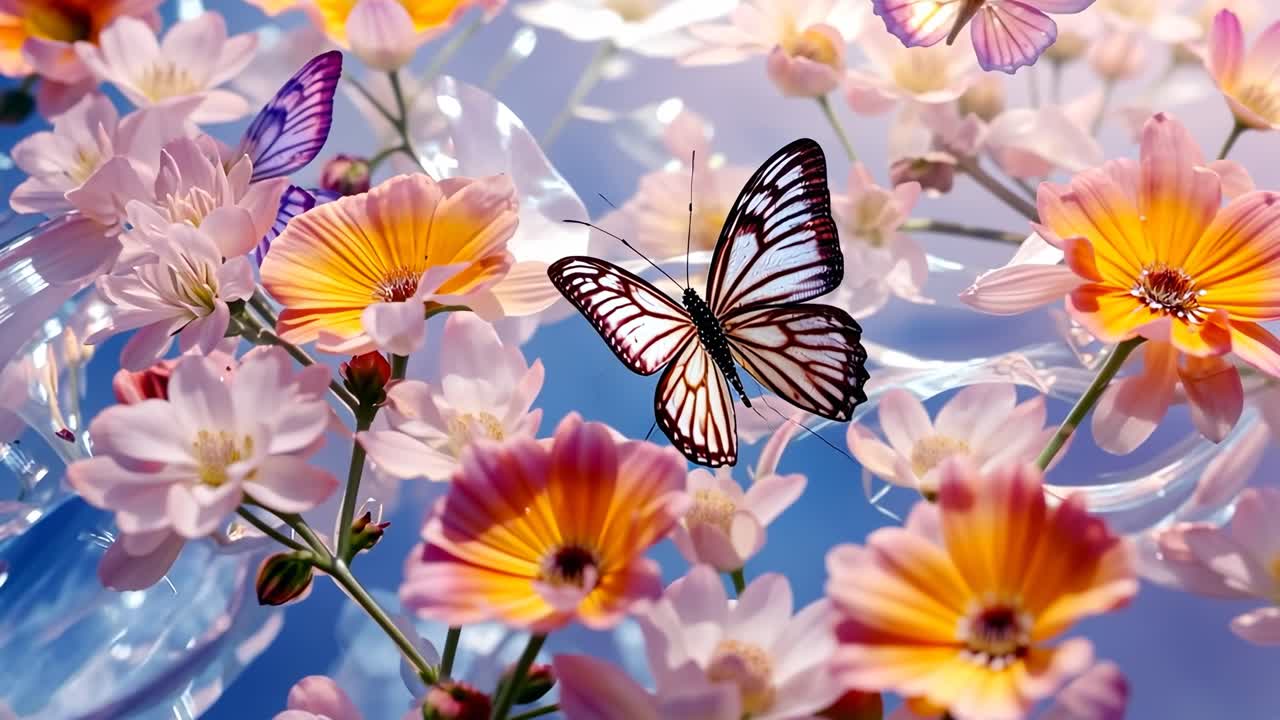 Vista aerea di farfalle vivaci tra fiori colorati, che creano un'atmosfera eterea e da sogno