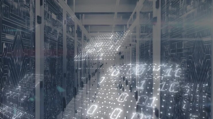 Digital Data Streams Flowing Through Modern Server Room
