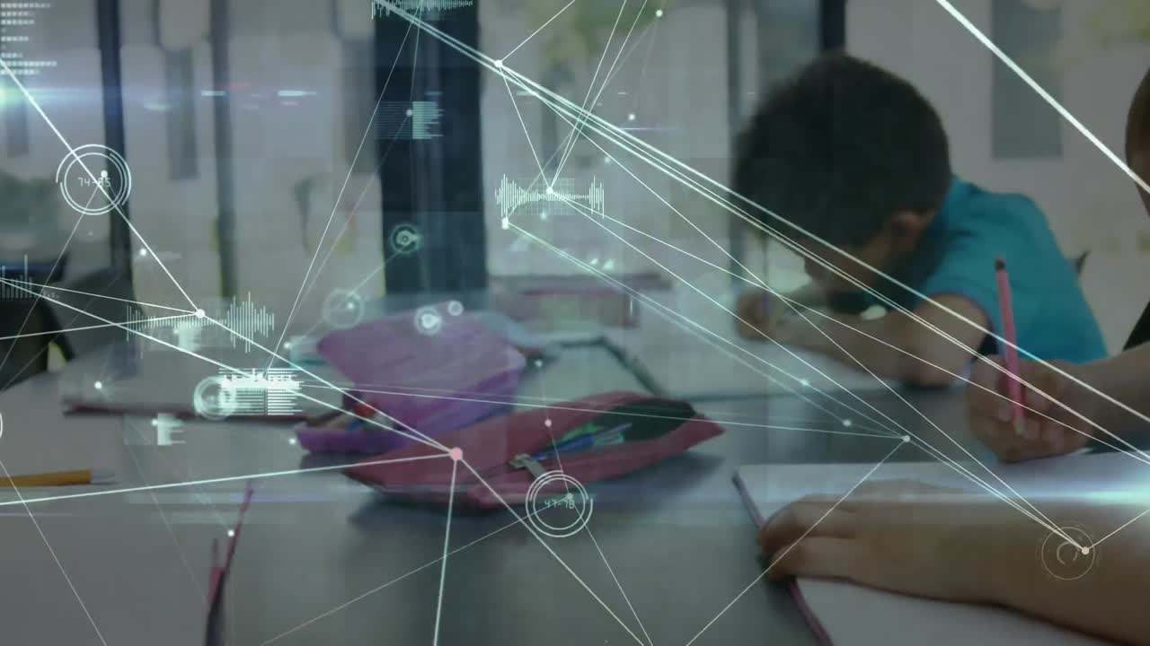 animación de la red de conexiones sobre escolares felices y diversos