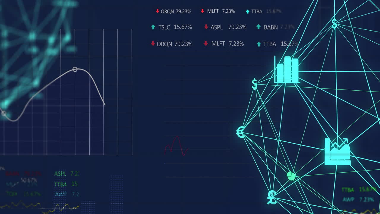 Animation of financial data processing and network of connections with icons on black background