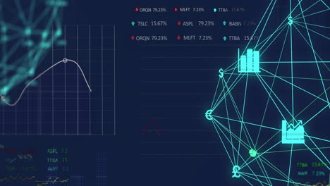 animation of financial data processing and network of connections with icons on black background