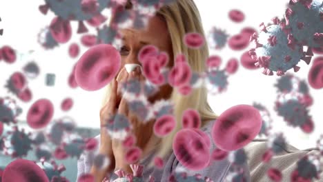 Animation-of-covid-19-cells-floating-over-sick-woman