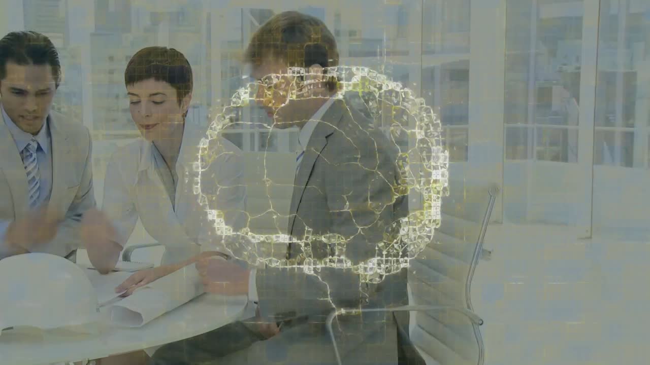 animación del cerebro y formas sobre los hombres de negocios caucásicos en la oficina.