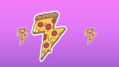animación de iconos de pizza en forma de rayo que se mueven sobre un fondo púrpura