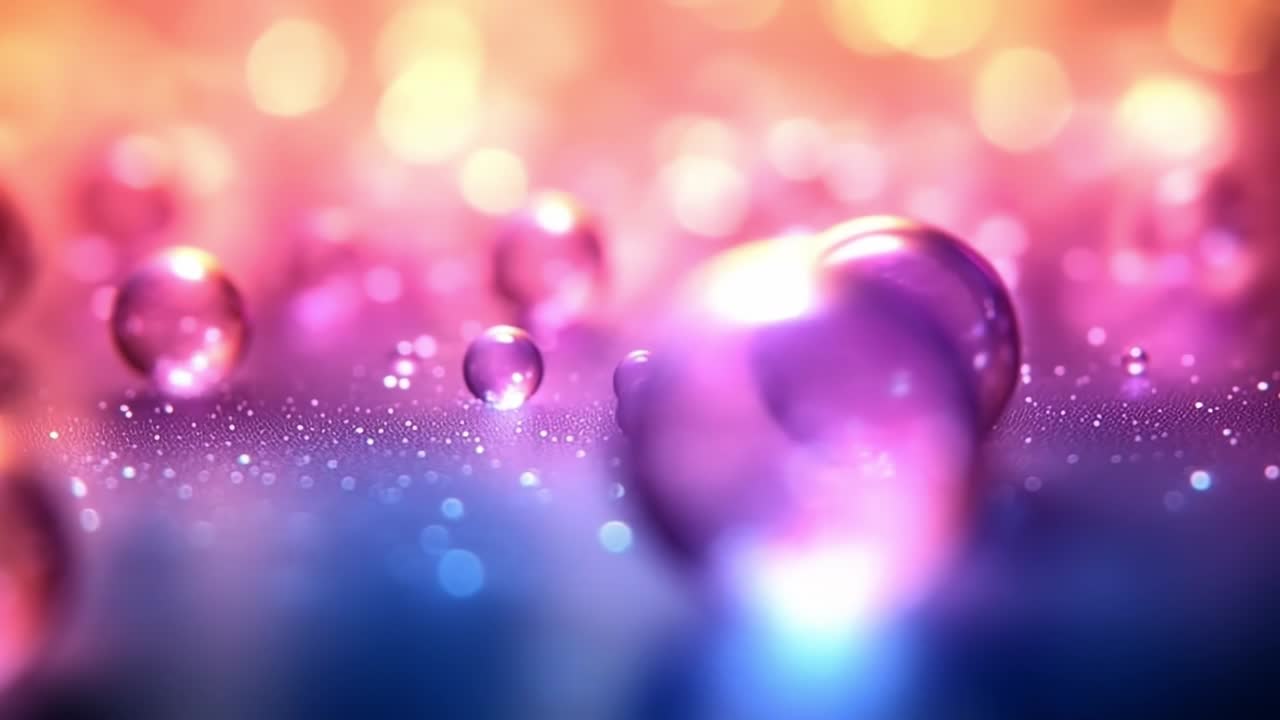 Colorful water droplets on shiny surface. Colorful lights illuminate delicate water droplets on a reflective surface, creating a vibrant atmosphere.