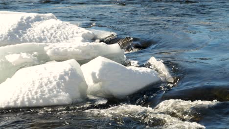 Río-En-El-Norte-De-Suecia-Durante-Abril-Derritiéndose-Lentamente-Al-Sol,-Filmado-En-Trípode