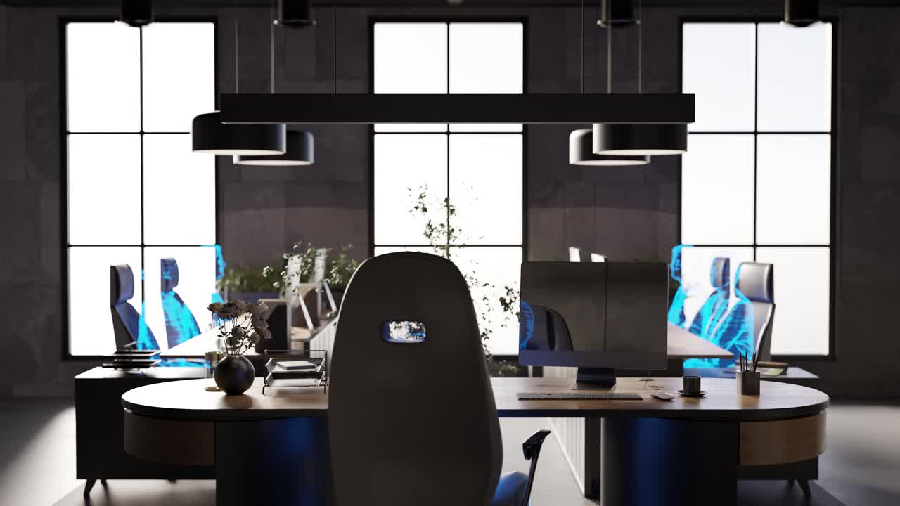 Modern workplace with human holograms sitting on chairs, AI concept. 3d render