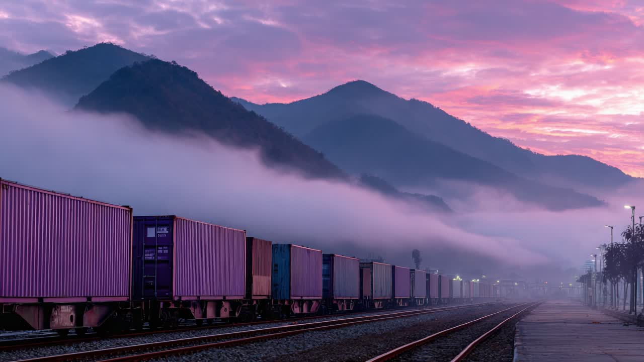 Serene Dawn Over Container Trains: A Tranquil Landscape Shrouded in Mist with Majestic Mountains and Colorful Freight Cars Under a Vibrant Sky