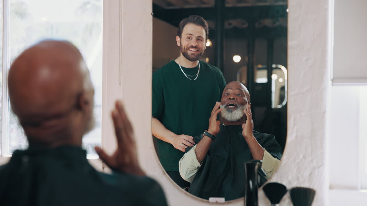 Happy Client Admiring His Beard in Barbershop Mirror