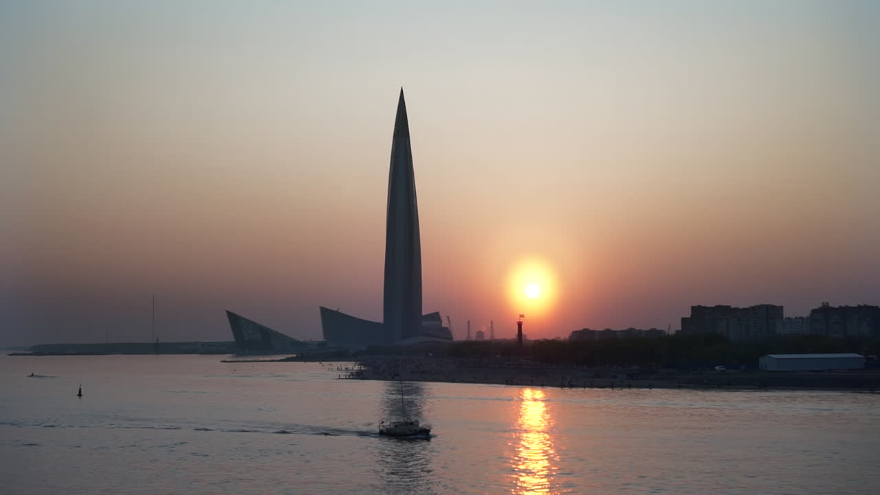 Sunset over St. Petersburg cityscape with skyscraper