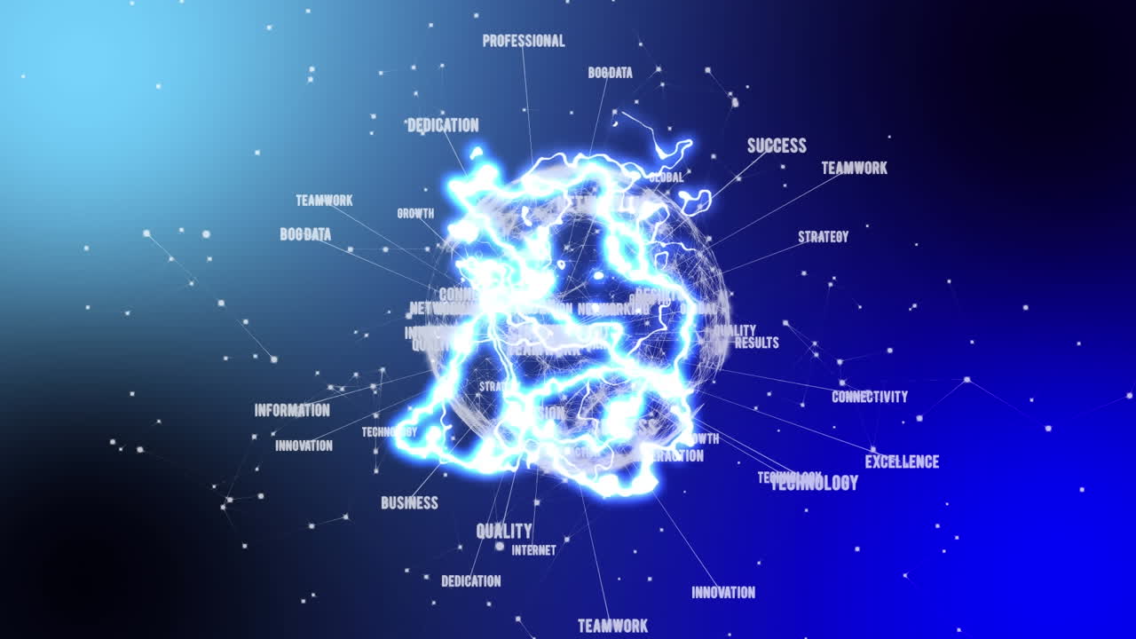 Animation of spinning globe and network of connections on blue background