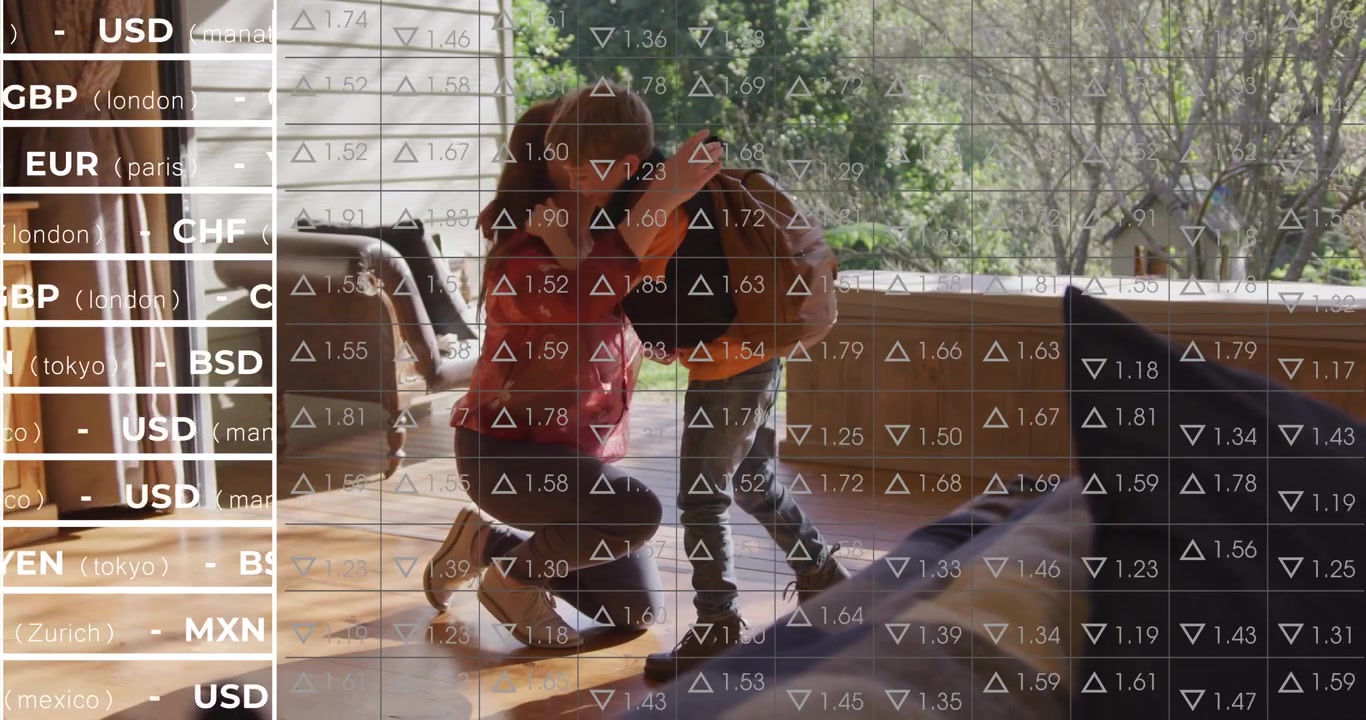 Woman kneeling tightening backpack straps as child leaving, finance ticker scrolling across porch