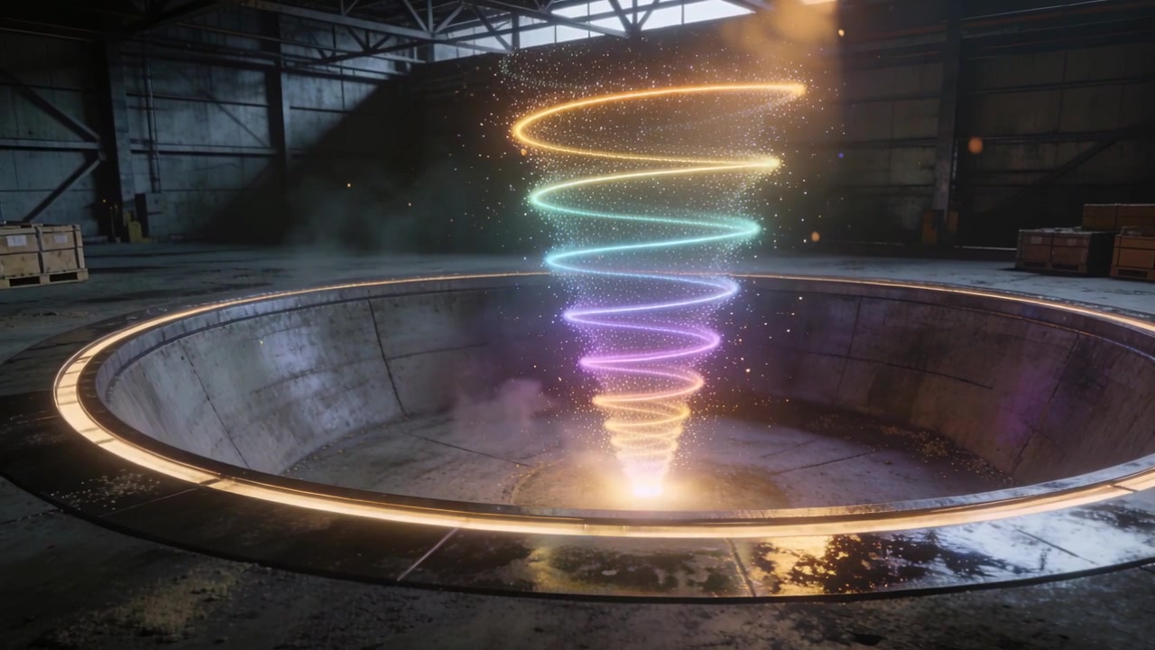 Emerging faint glow forming colorful spiral vortex, twisting in concrete hangar pit with lit rim