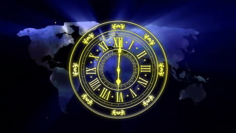 Animation-of-clock-showing-midnight-and-spots-of-light-on-black-background