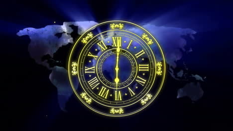 animación de un reloj que muestra la medianoche y puntos de luz sobre un fondo negro