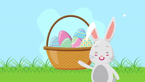 feliz tarjeta animada de pascua con huevos en la canasta y un conejo lindo