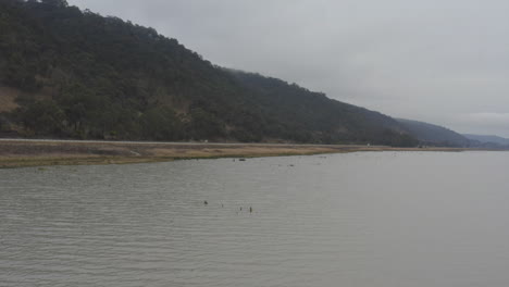 Drone-circling-the-highway-next-to-Lake-George,-Canberra-ACT