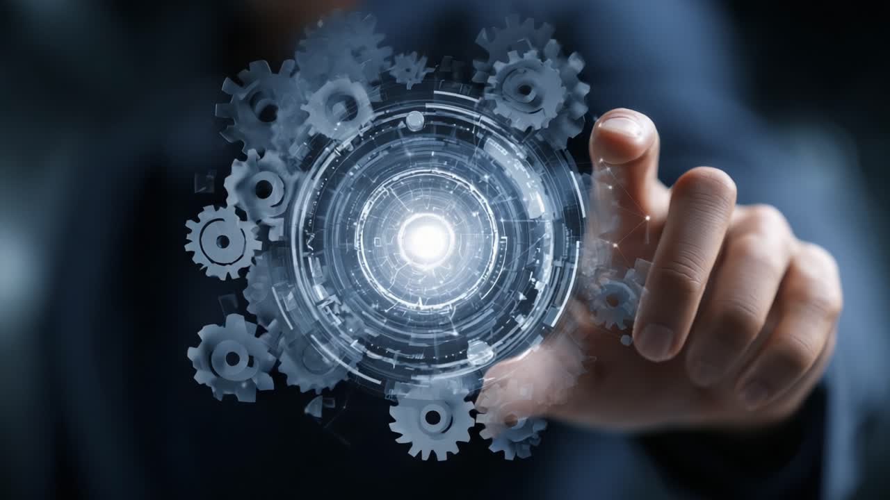 Harnessing Innovation: A Glimpse into the World of Technology with Futuristic Gears and a Human Touch of Digital Manipulation