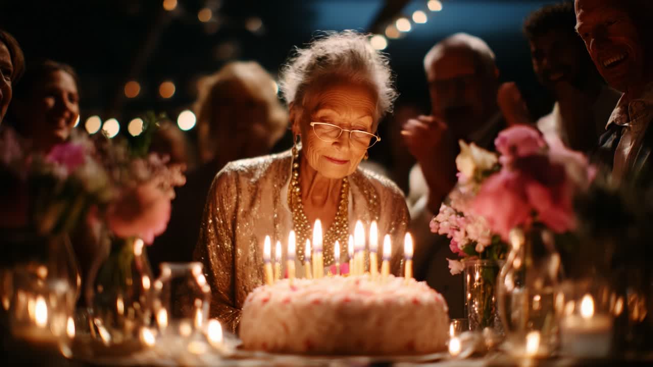 Una festa commovente: un'anziana signora spegne le candeline su una bellissima torta, circondata da amici e familiari, celebrando un memorabile compleanno