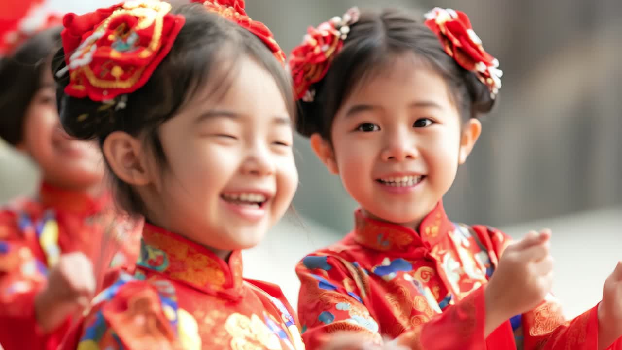 Two young girls wearing traditional red dresses and hair ornaments are smiling and clapping their hands during a new year celebration, possibly in an eastern country