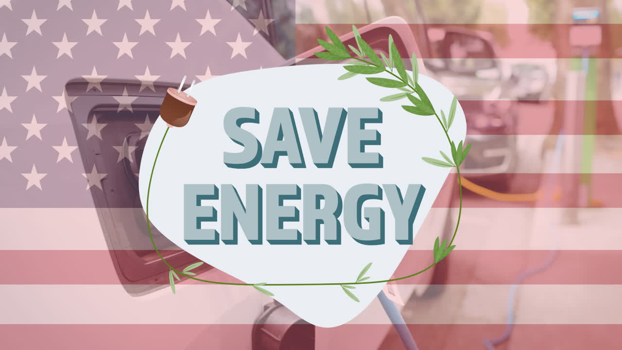 Save energy text over flag of united states and charging electric car