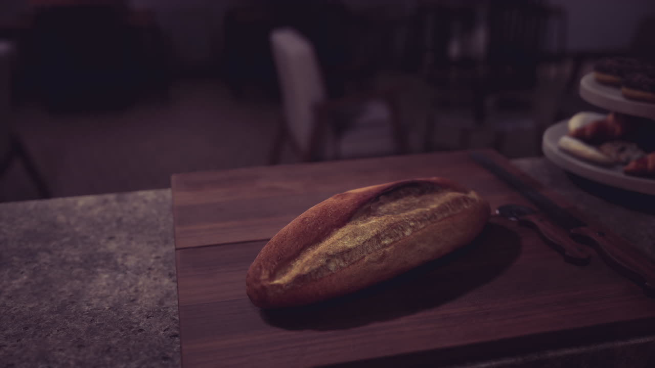 Freshly baked loaf resting on a wooden board in a cozy setting