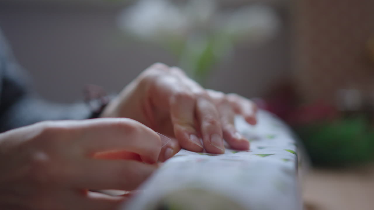 Extreme close up of host, packing a gift box, with decorative white gift wrap