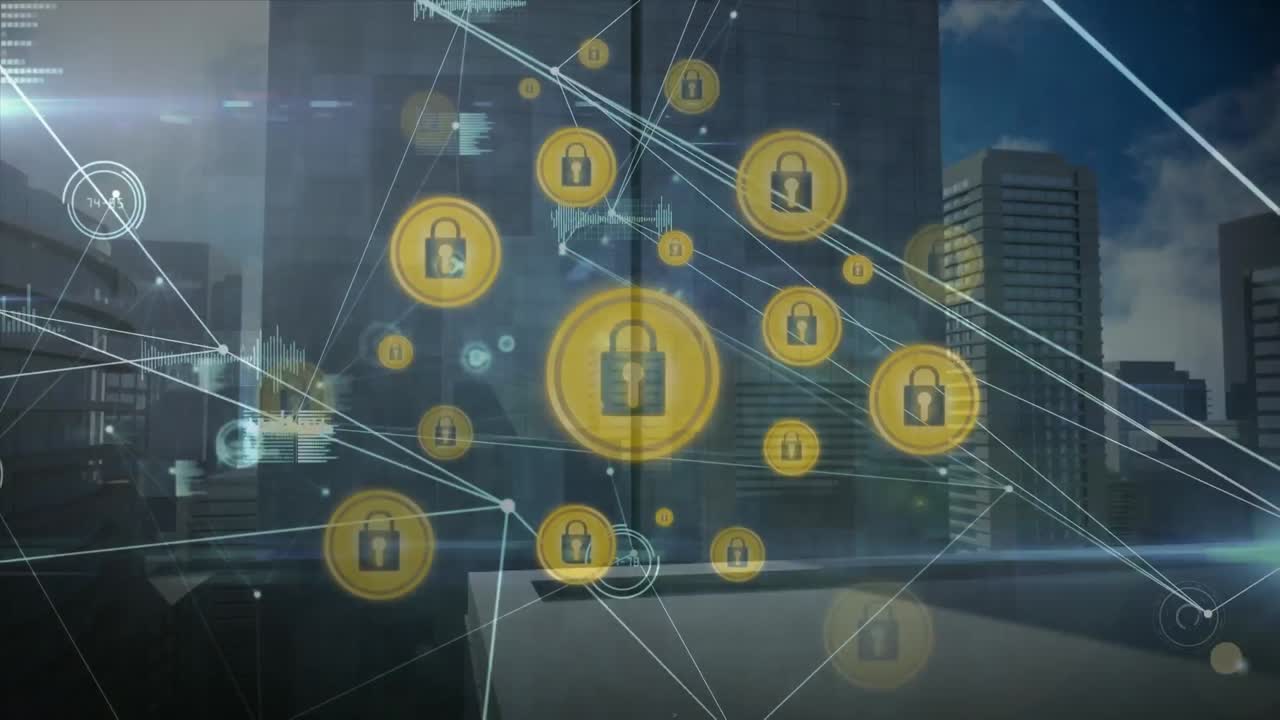 도시 풍경 위의 연결 네트워크와 아이콘의 애니메이션