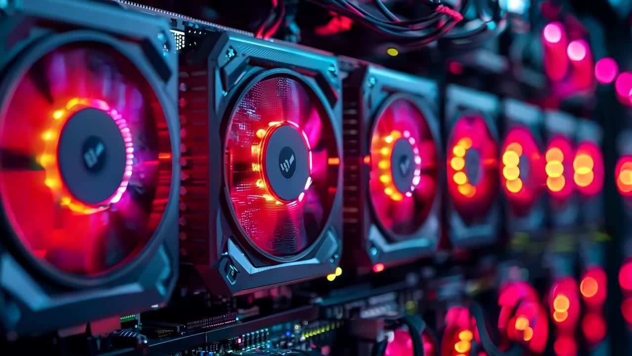 ряд компьютерных корпусов с красными и синими огнями на них