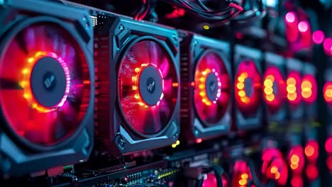 a row of computer cases with red and blue lights on them