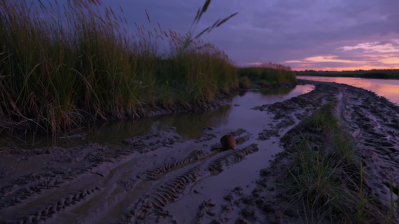 Sunset over a muddy river path