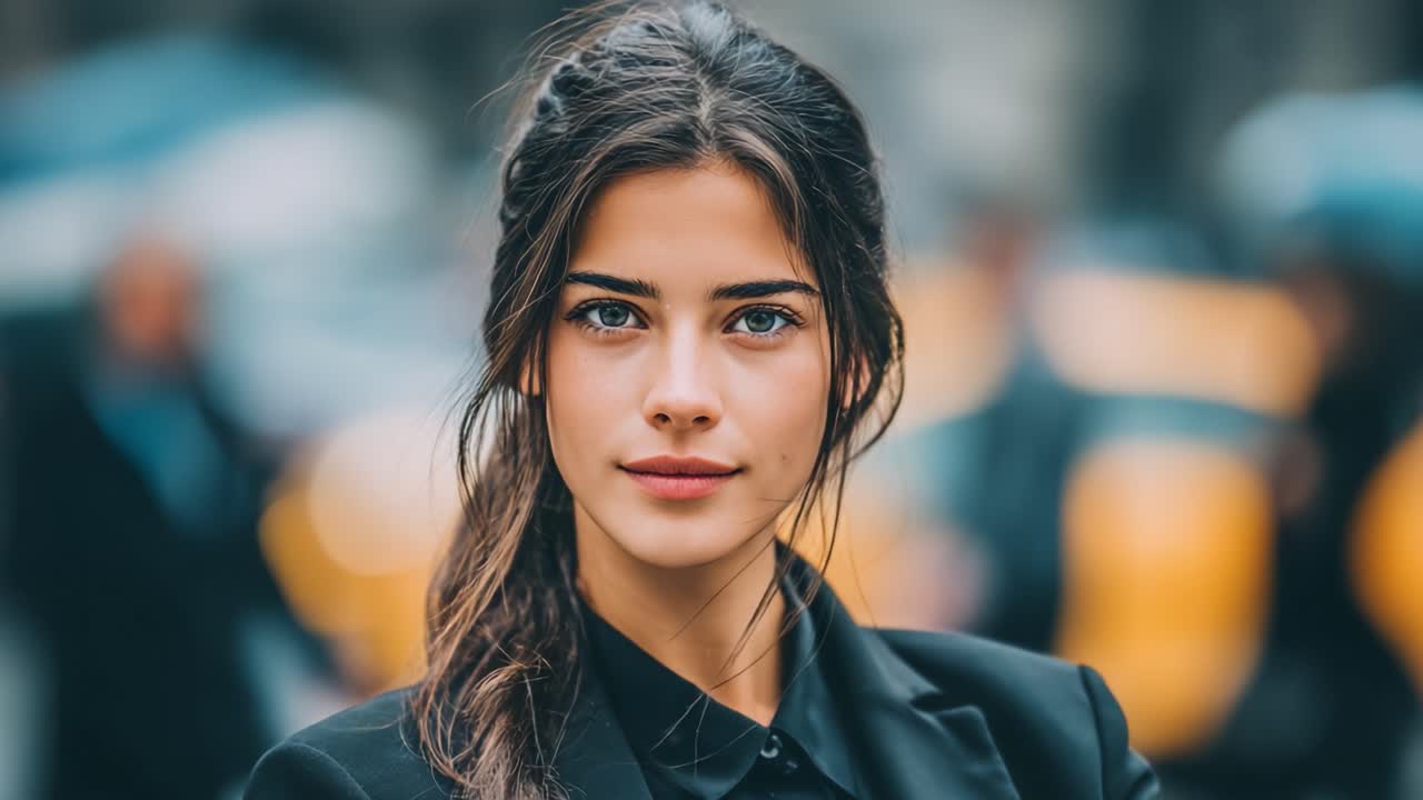 Una giovane donna sicura di sé in un ambiente urbano, che emana fascino ed eleganza con un'espressione accattivante, in piedi contro uno sfondo sfocato di vita cittadina