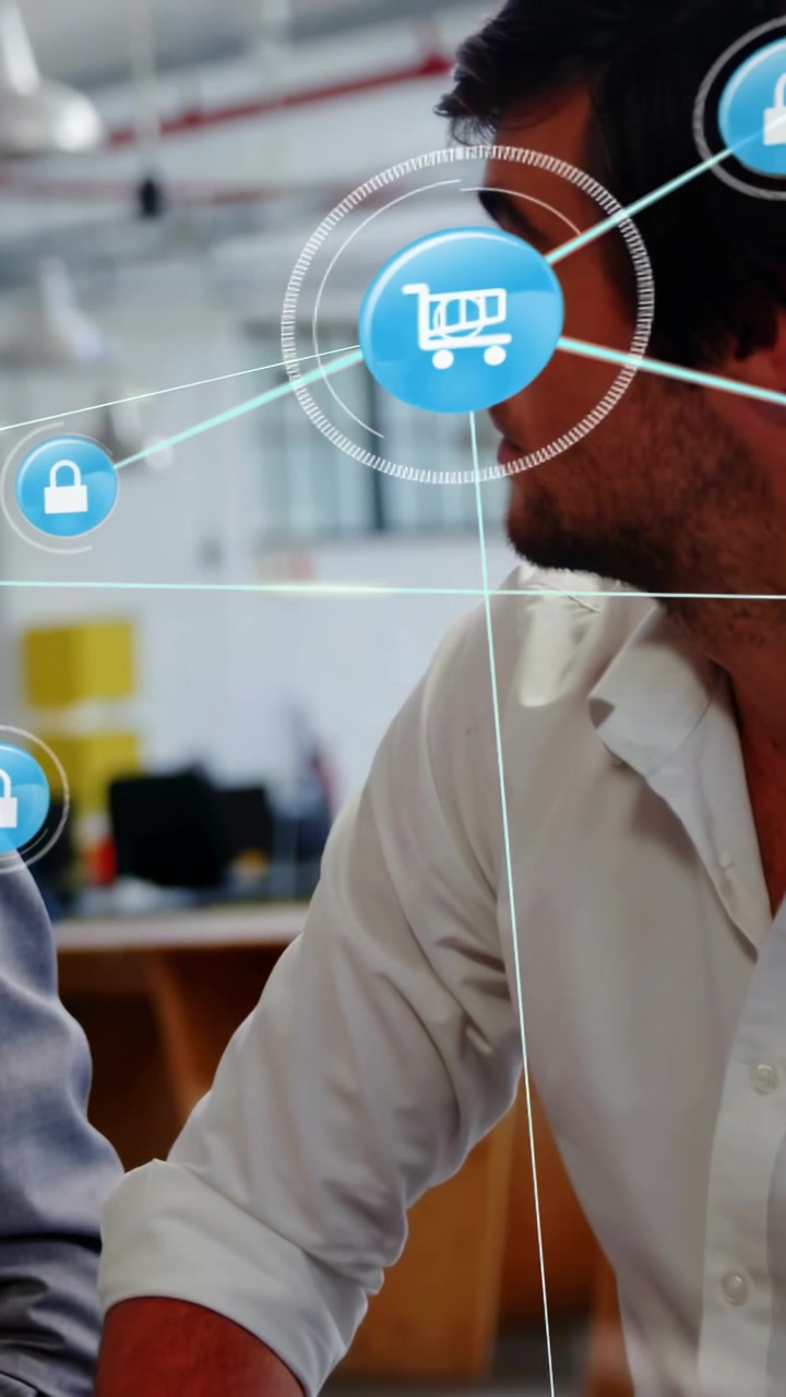 Vertical video: White-shirt man leaning, peer cueing cart, lock icons over shoulder showing trade