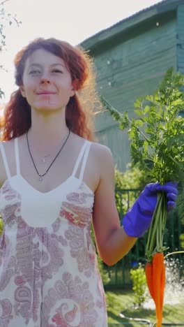 woman in garden with fresh carrots