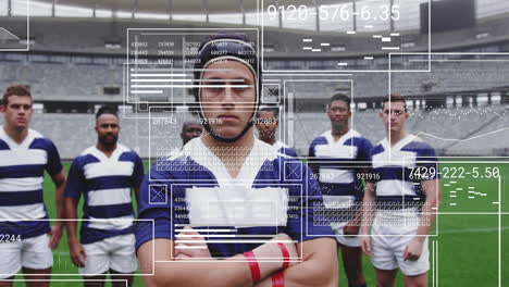 On field, rugby players with animation overlay showing positions and statistics