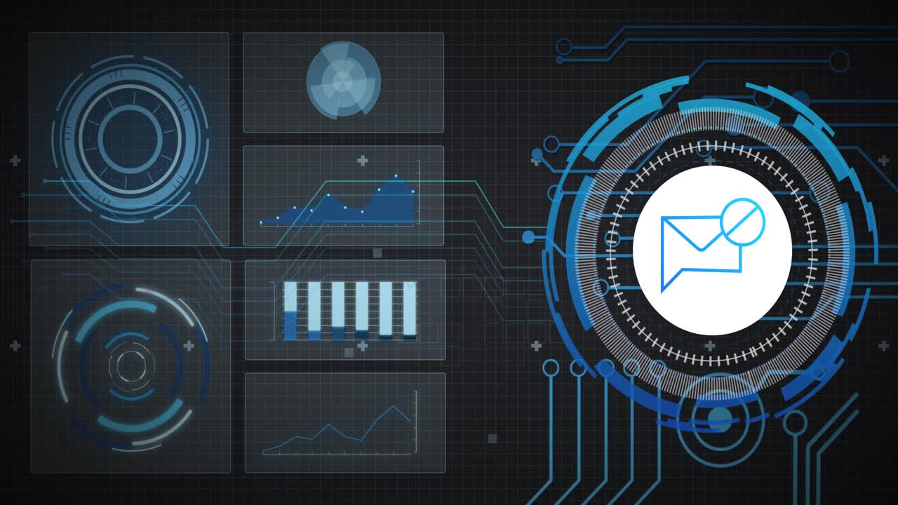 Animation of scope scanning with email icon, data processing on digital screens on black background