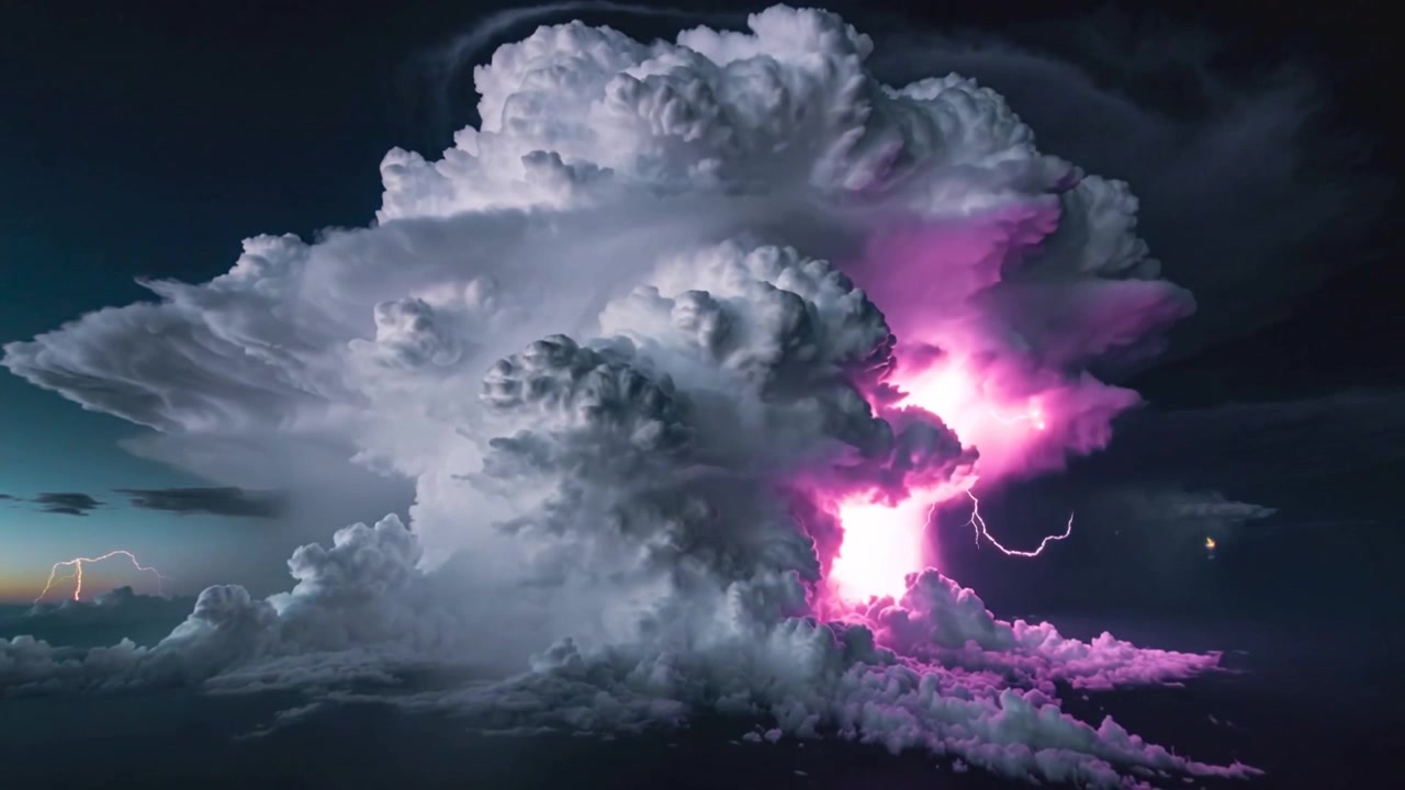 Følger horisontlinjen, cumulonimbus-skyer pulserer med magenta glimt i skumringen, fjerne lyn viser sig