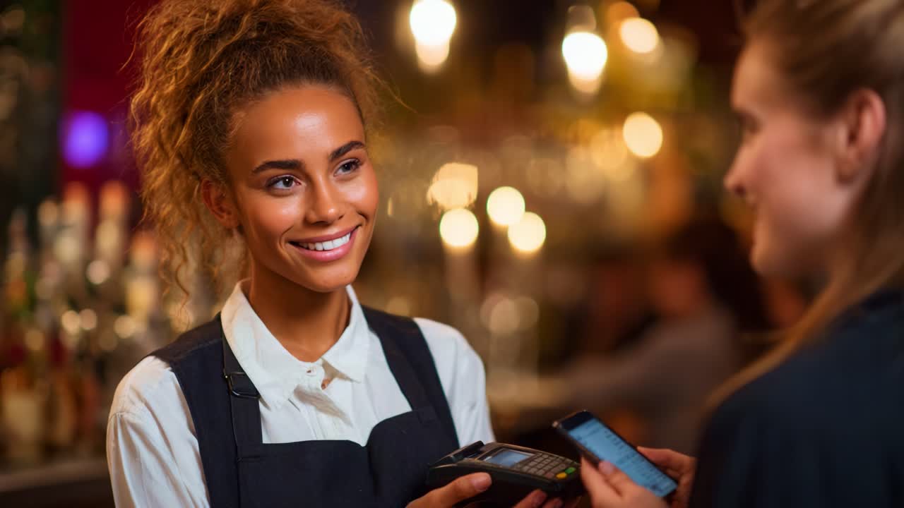 En smilende tjener hjælper en kunde med kontaktløs betaling i en livlig bar, der viser venlig betjening og moderne teknologi i en pulserende atmosfære