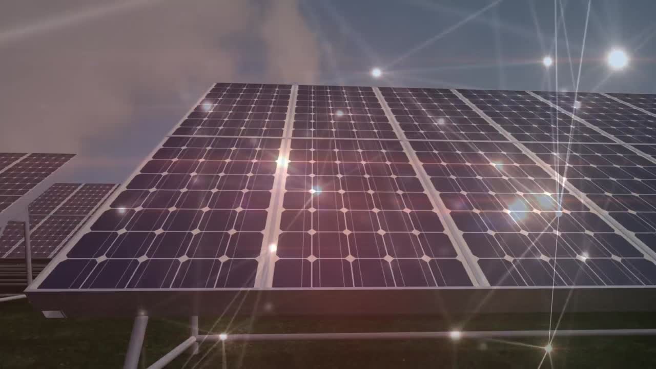 animación de la red de conexiones con luces sobre paneles solares