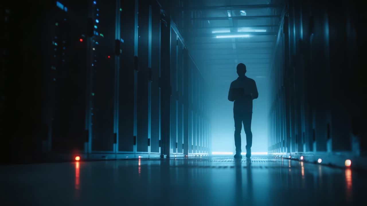 A solitary figure navigates through a futuristic data center, illuminated by ethereal blue lighting, capturing the essence of technology and isolation in a digital world