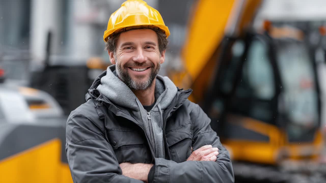 A Confident Construction Worker Smiling in Front of Heavy Equipment, Showcasing Professionalism and Safety in a Dynamic Construction Environment