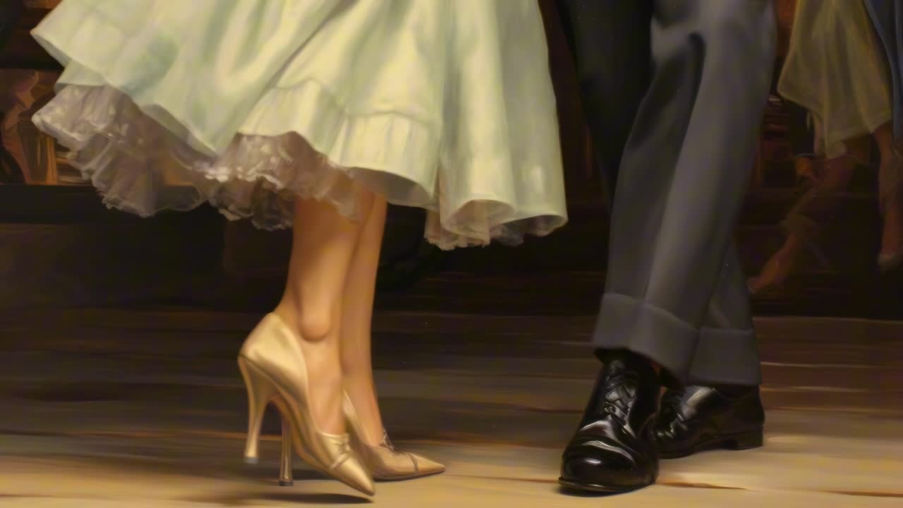 Close-up video shot of a couple's feet dancing elegantly on a wooden floor, capturing movement