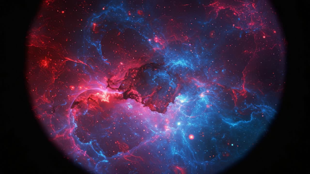 A breathtaking cosmic display of vibrant colors in the depths of space, showcasing the stunning contrast of red and blue hues mingling among celestial formations and stars