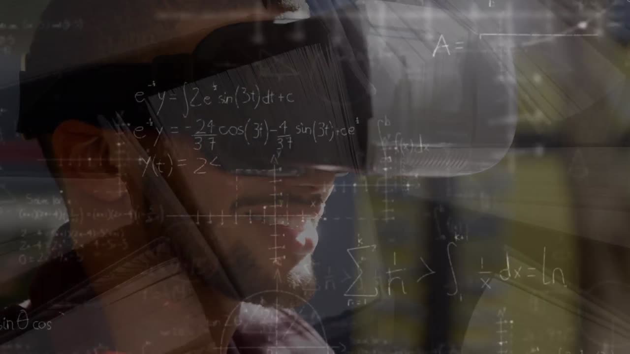 animación de ecuaciones matemáticas sobre un hombre biracial usando auriculares vr