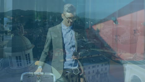 hombre usando teléfono inteligente y paisaje urbano