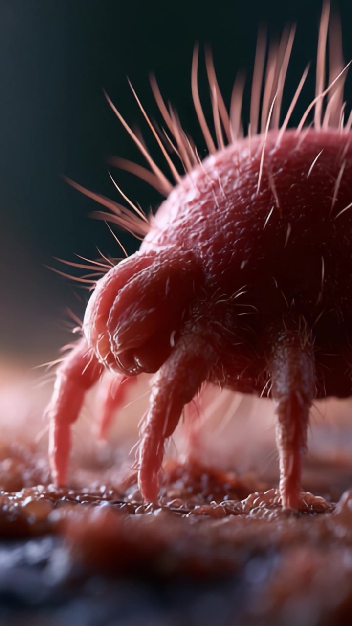 Un primo piano dettagliato di un aracnide microscopico, che mostra le sue caratteristiche uniche, la texture e la struttura intricata in due fotogrammi
