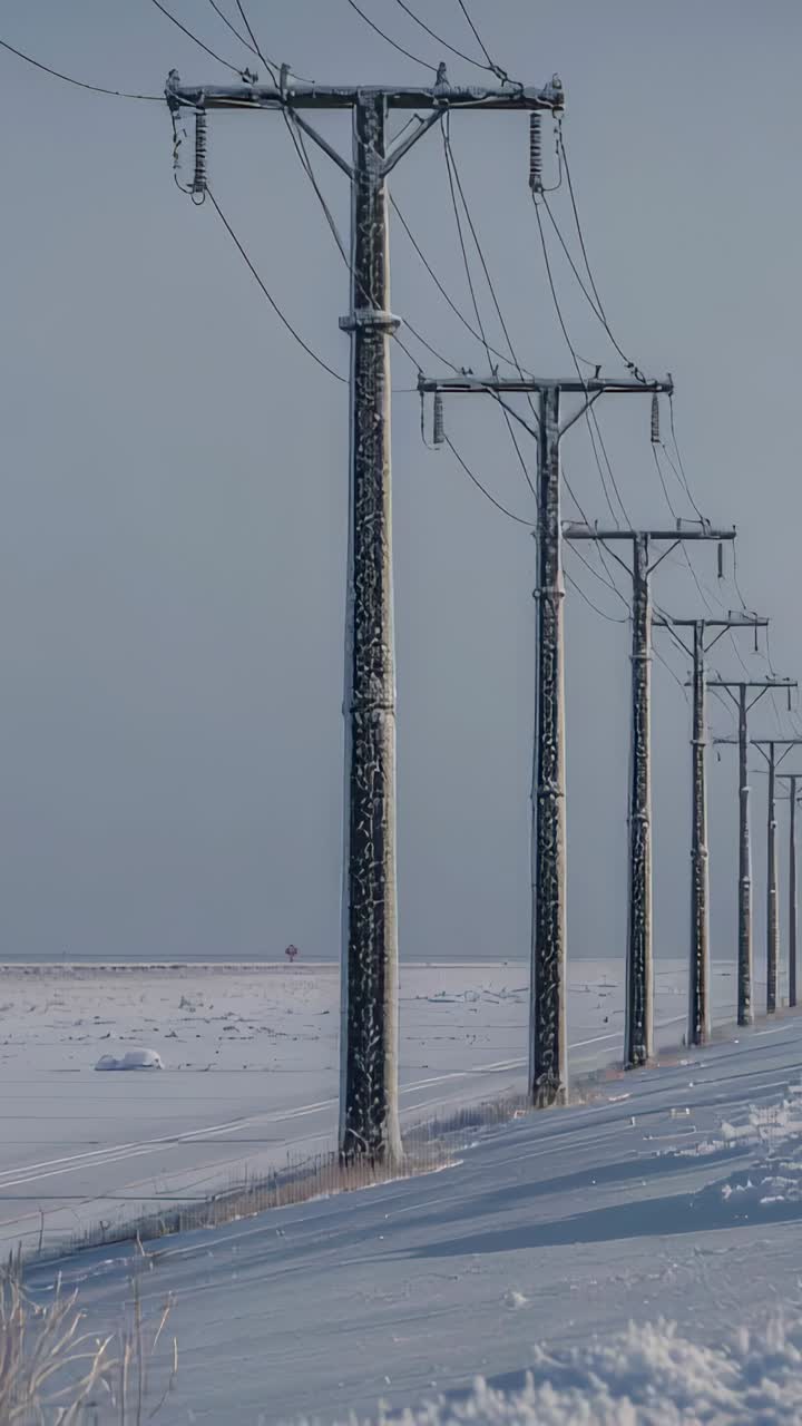 Vertikales Video: Schwenkende Kamerarahmung der Mastlinie mit Holzmast und Drähten im Schnee, die Tiefe zeigt