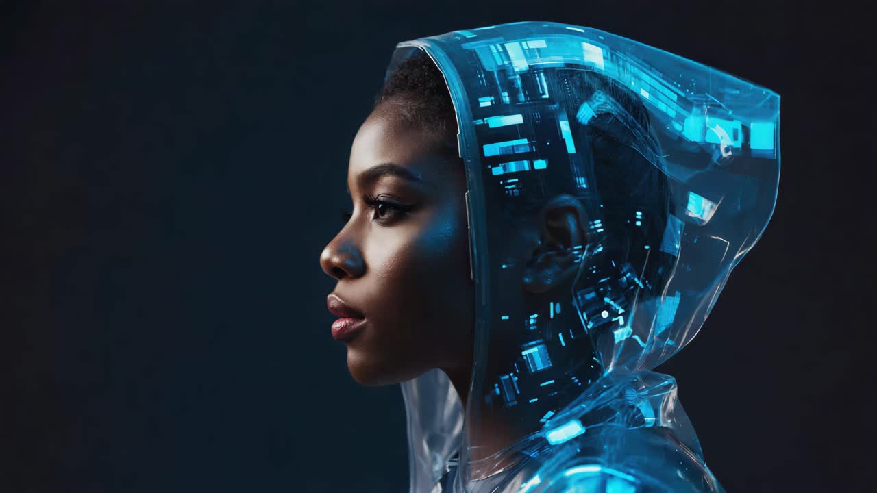 Ritratto Futuristico di una Donna con Cappuccio Tecnologico Digitale